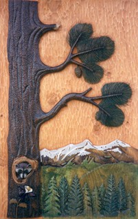 Carved Pine with Racoon Panel